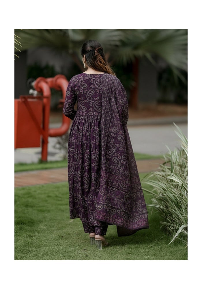 Malishka Export Purple Rayon Printed Anarkali Kurta Pant With Dupatta for Women - Image 2